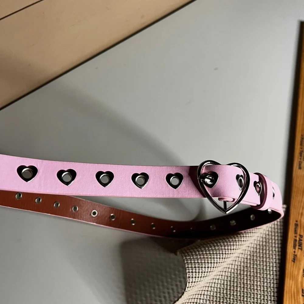 Pink Heart Buckle Belt Silver Heart Grommets Y2K Coquette Faux Leather 40 Inch